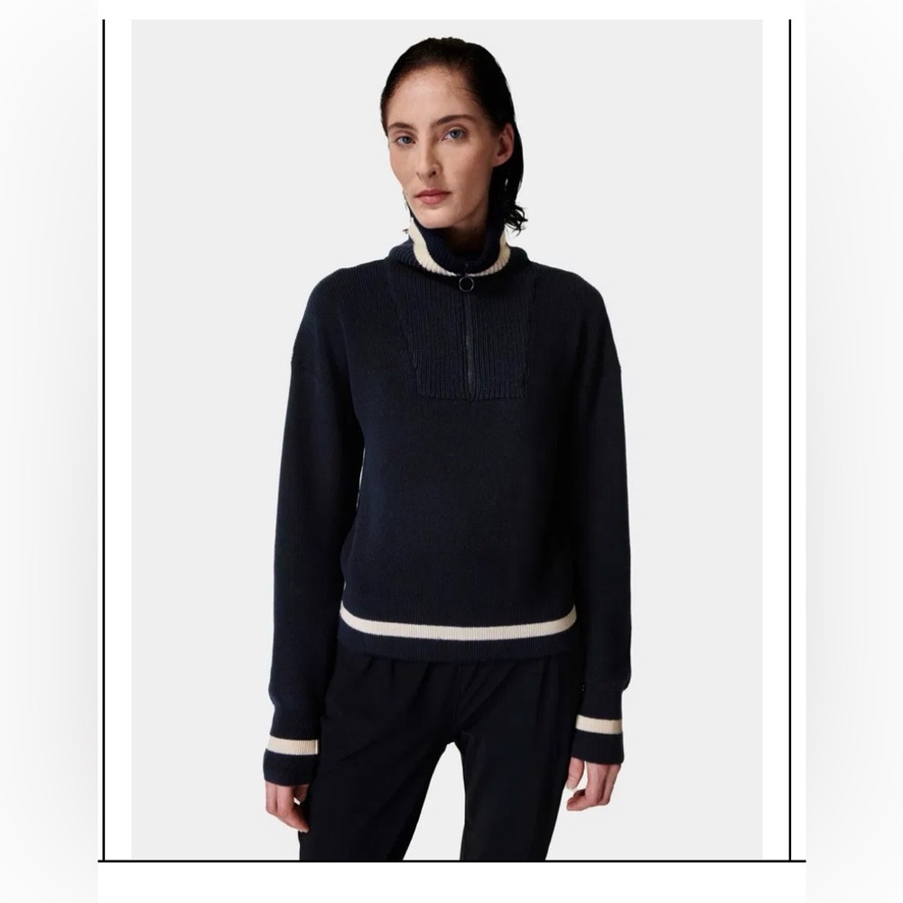 Sweaty Betty Women’s Navy Funnel Neck Half Zip-Up Sweater White Trim Size 14